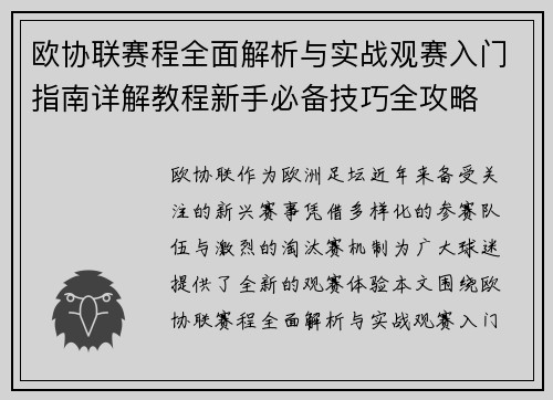 欧协联赛程全面解析与实战观赛入门指南详解教程新手必备技巧全攻略 欧协联赛程全面解析与实战观赛入门指南详解教程新手必备技巧全攻略